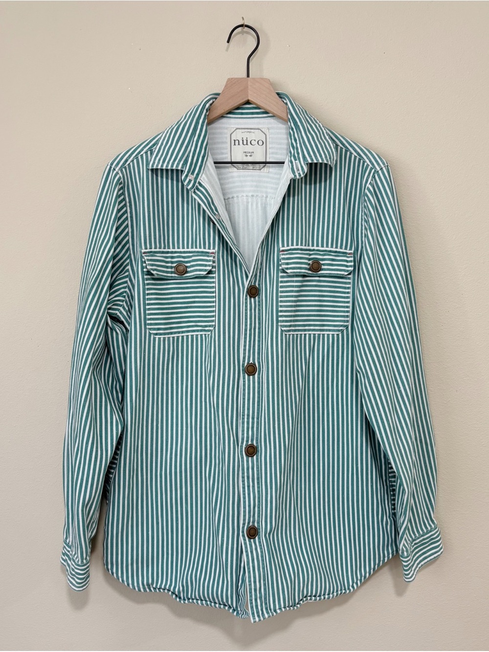 Nuco Size Medium Green Stripped Denim Cotton Button Down Shirt